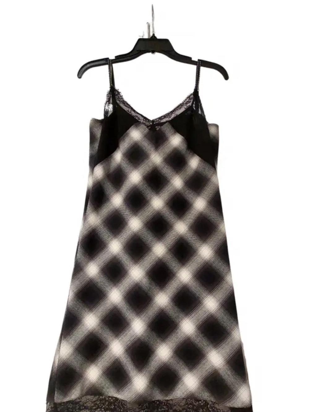 Maje Black & White Wool Plaid Dress with Lace Trim and Leather Straps